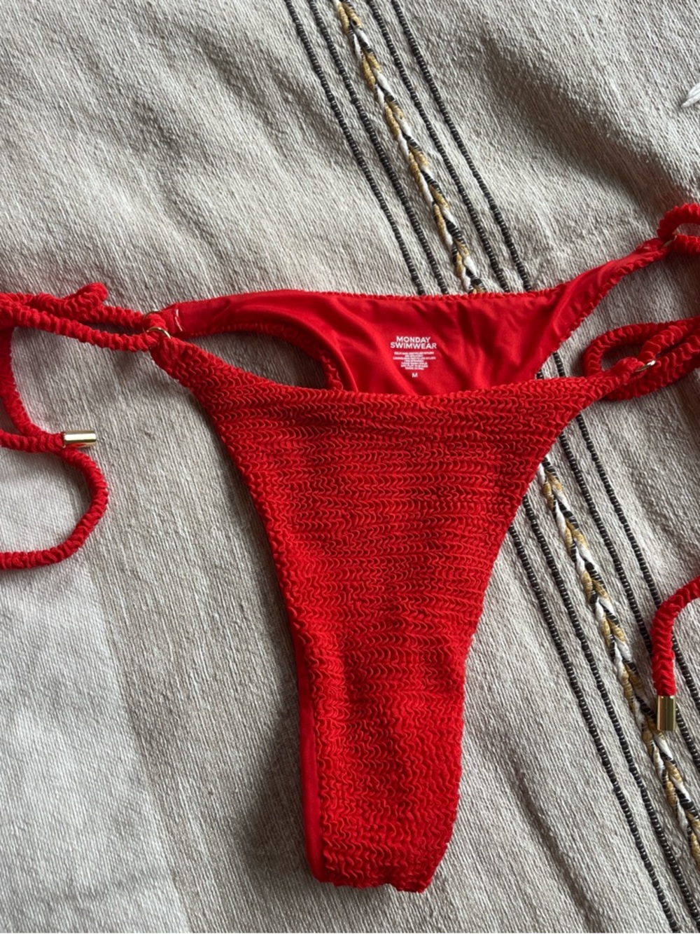 Monday Swimwear Red Smocked Cheeky Tie-Side Bikini Bottom